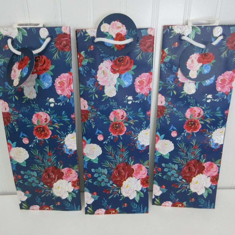 Lot of 3 Pioneer Woman Wine Bottle Gift Bag Christmas Wishful Winter Blue Floral